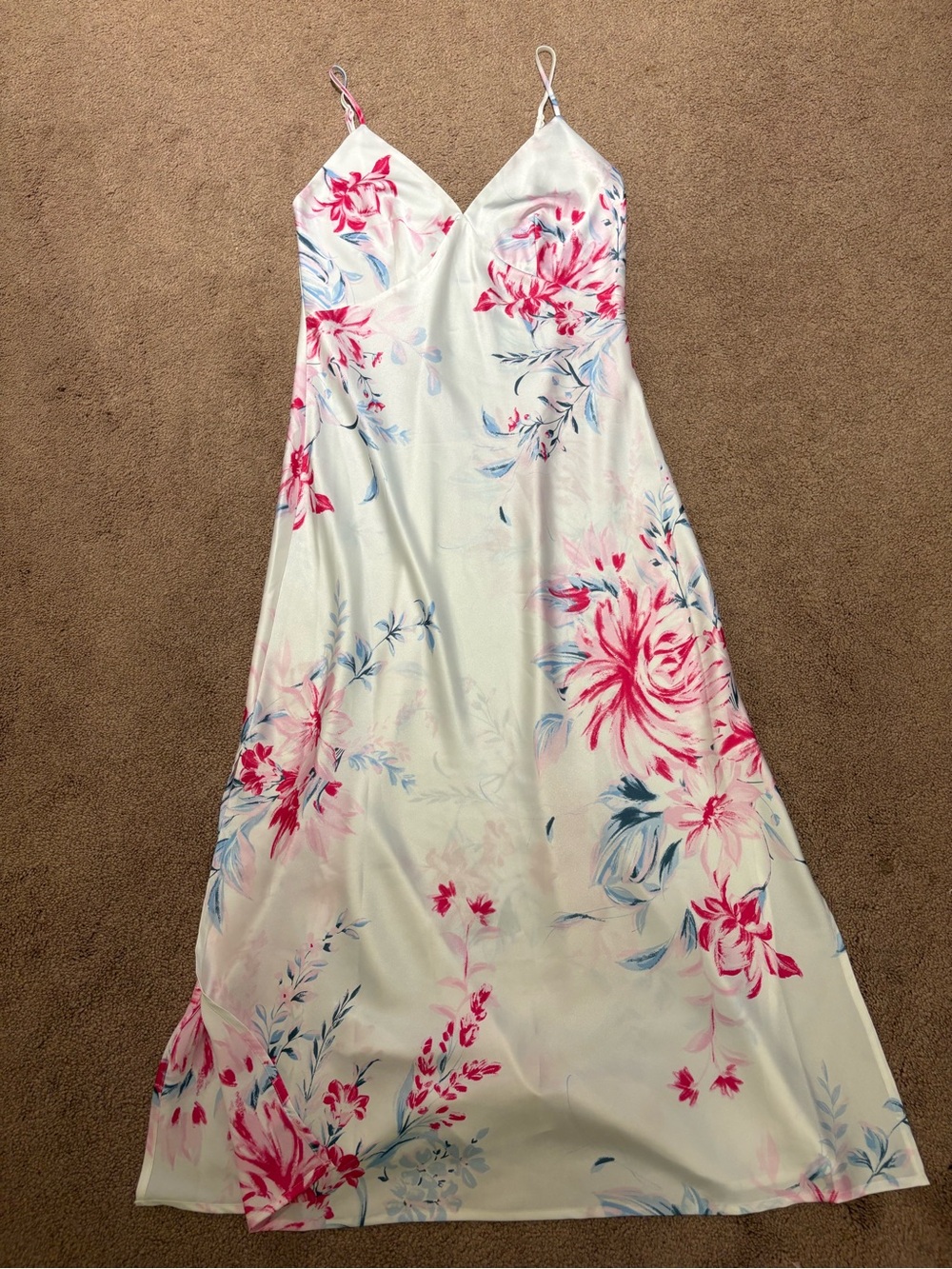 La vie en rose White Floral Slip Dress with Pink & Blue Blooms size small